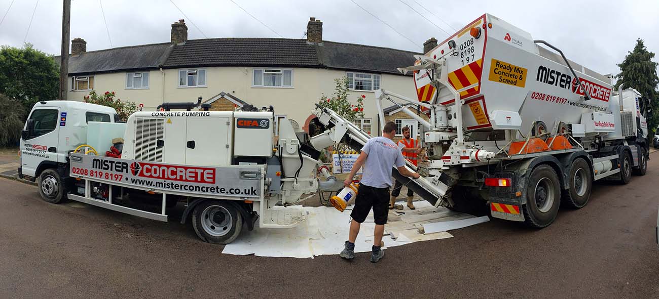 mister concrete fleet, concrete truck in front of the house, pouring concrete